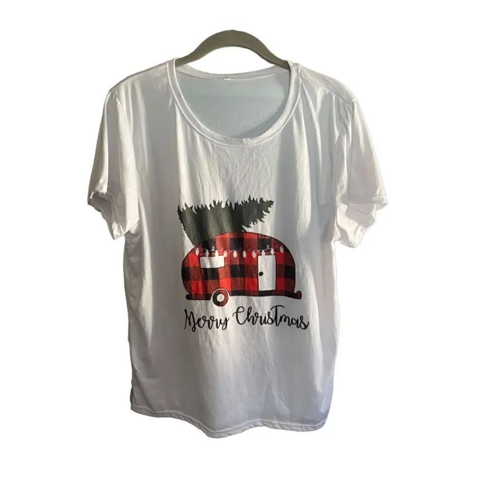 Merry Christmas, buffalo, check trailer with tree, short sleeve, T-shirt, size X